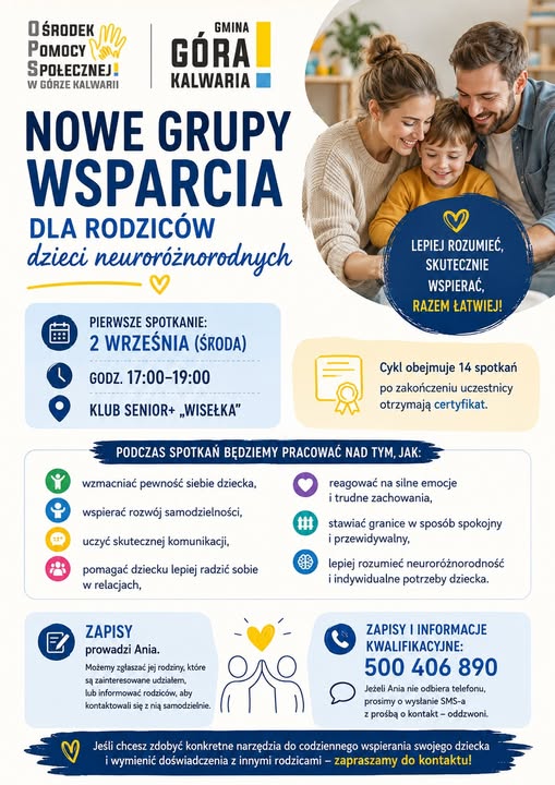 Plakat informujacy o grupach wsparcia rodziców dzieci neuroróznych