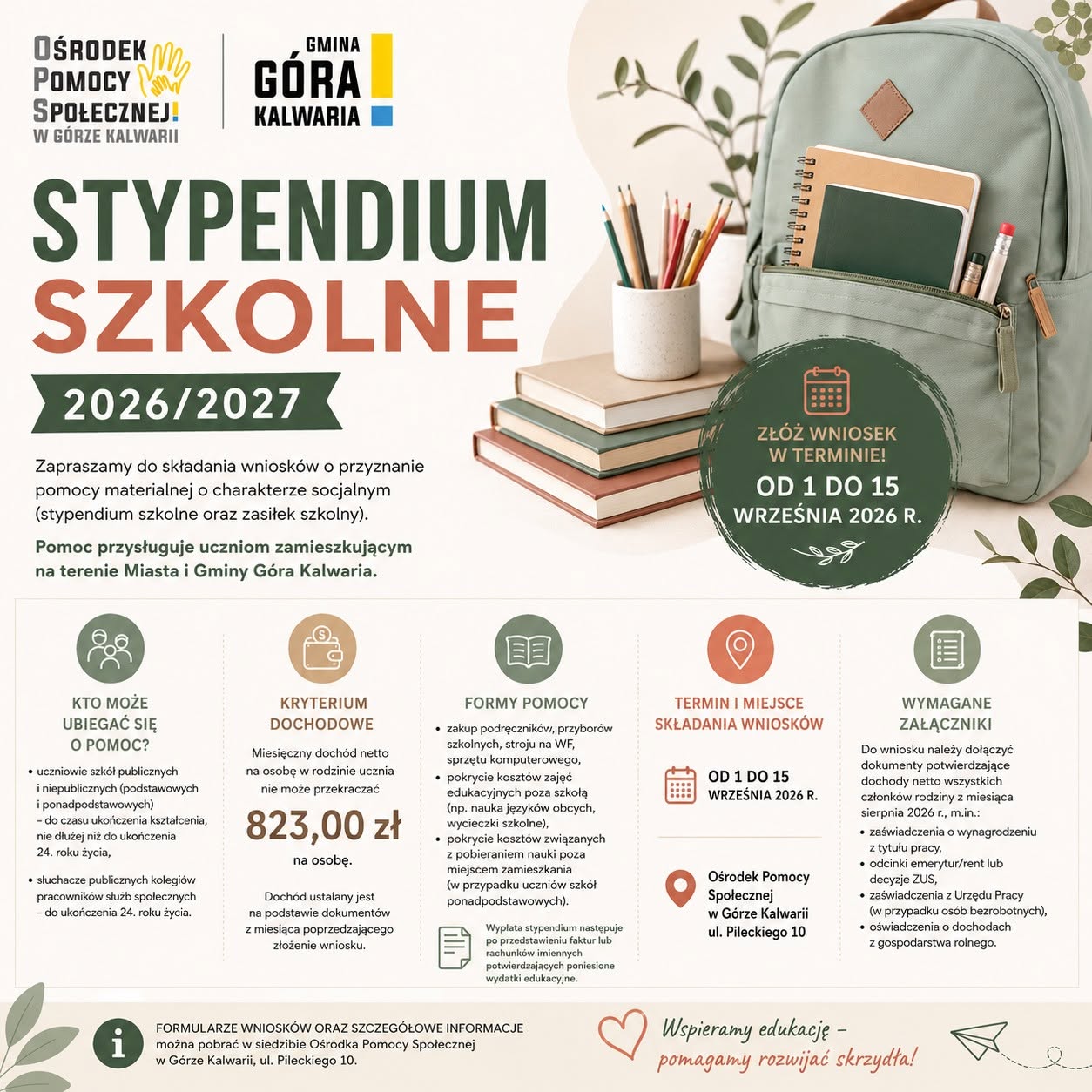 Plakat informujacy o stypendium szkolnym